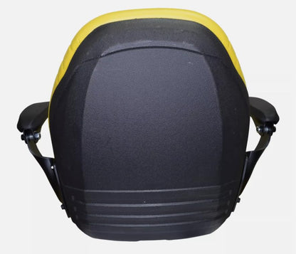 High Back Compact Tractor Seat Compatible with John Deere; Yellow Waterproof Vinyl; includes Flip-up Arm Rest and Drain Hole: Please check your bolt-hole patterns