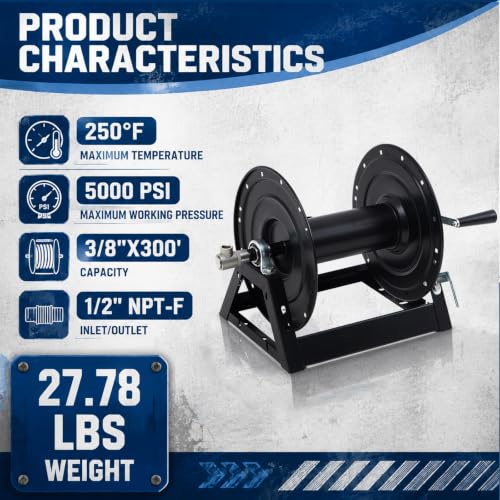Lounsweer Pressure Washer Hose Reel 3/8" x 300' Steel Manual Crank with Flat Sidewalls, A-frame, Pin Lock and Brake and Stainless Steel Swivel Inlet, 5000 PSI Capacity, 1/2" NPT-F, Black - color: Black