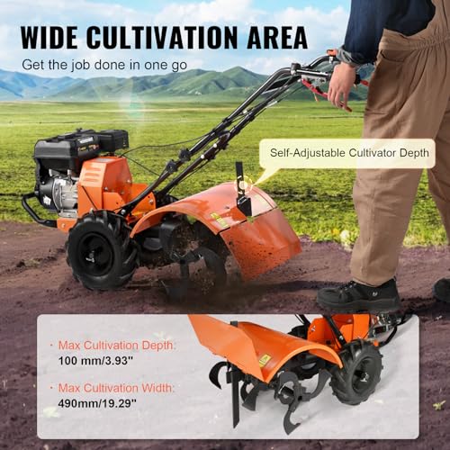 VEVOR Tiller Cultivator, 212CC 4-Stroke Garden Cultivator, Tiller with 4 Steel Adjustable Rear Tines for Lawn, Garden and Field Soil Cultivation - size: 212CC,4-Stroke