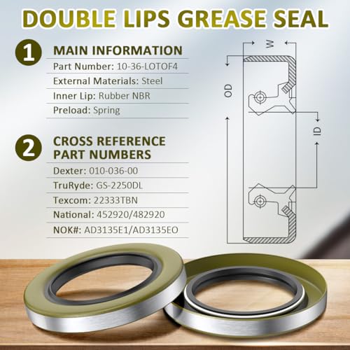 22333TB Double Lip Seals 2.250'', 3.371'' for 5200-7000lb Trailer Axles D42 Spindle (Qty 4) Replaces Dexter 10-36 Transcom 22333TB National 452920/482920 NOK AD3135E1/AD3135E0