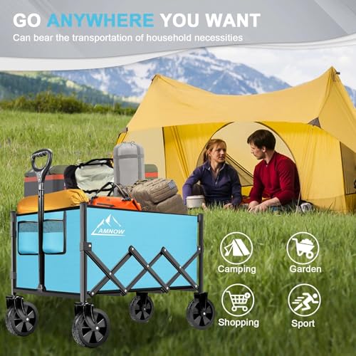 AMNOW 100L Collapsible Wagon Cart with All Terrain Wheels, 350LBS, Blue - color: Light Blue