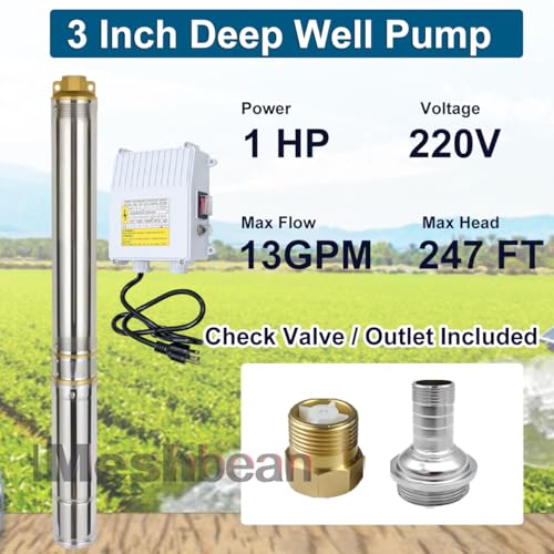 3" Deep Well Pump, 1HP 220v Submersible Well Pump with Control Box,Heavy Duty Brass Water Pump,100Ft Power Cord,13GPM 247FT Max Lift - style: 3" -1HP-220V-Brass