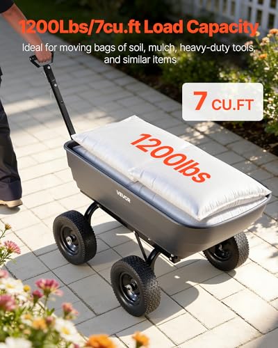 VEVOR 7 Cu.Ft 1200LBS Poly Garden Cart Dump Wagon, Heavy Duty Wheelbarrow with 2-in-1 Convertible Handle and 13" Flat Free Tires, Utility ATV Trailer Yard Dump Cart Tow Behind for Lawn Mower Tractor - color: Darkgrey