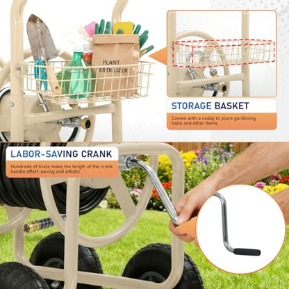 FDW Garden Hose Reel Cart, Water Hose Cart with 4 Wheels, Hold Up to 300 ft of 5/8’’ Hose，Heavy Duty Powder-Coated Steel Planting with Storage Basket, for Garden, Yard and Lawn - color: Tan-1