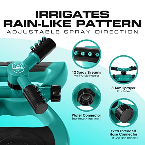Joeys Sprinkler for Yard, Rotating Garden Sprinkler with 3 Adjustable Arms, Weighted Base, Expandable Connection, Lawn and Yard Sprinklers (Green) - color: GREEN