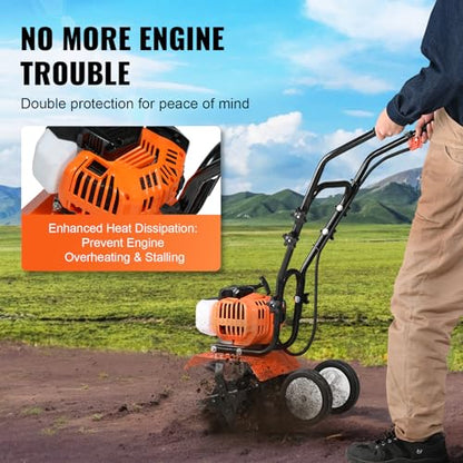 VEVOR Tiller Cultivator Gas Powered, 43CC 2-Stroke Garden Cultivator, Tiller with 4 Steel Adjustable Front Tines for Lawn, Garden and Field Soil Cultivation - size: 43CC,2-Stroke