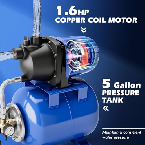Goplus 1.6HP Shallow Well Pump with Pressure Tank, 1000GPH-5Gal Automatic Water Booster Jet Pump for Water Supply System, Irrigation Water Pump for Home, Garden & Lawn, 1200W (Blue) - color: Blue