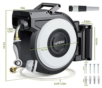 Tuyeho Heavy-Duty Automatic Retractable Garden Hose Reel 130FT Wall Mount - size: 1/2" 130FT