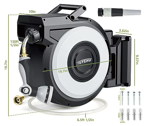 Tuyeho Heavy-Duty Automatic Retractable Garden Hose Reel 130FT Wall Mount - size: 1/2" 130FT