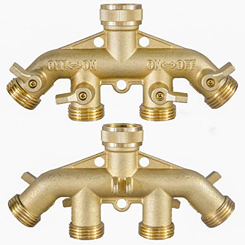 Hourleey Brass Garden Hose Splitter (4 Way), Solid Brass Hose Connector 3/4", Hose Spigot Adapter 4 Valves with 4 Extra Rubber Washers - size: 1 Pack - 4 Way