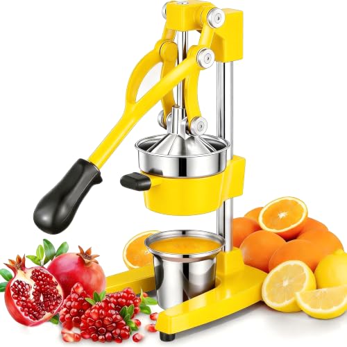 Commercial Heavy Duty Cast Iron Hand Press Manual Orange Citrus Lemon Lime Grapefruit Pomegranate Fruit Juice Squeezer Machine with Stainless Steel Cup Yellow - color: Yellow, size: 15 Inch