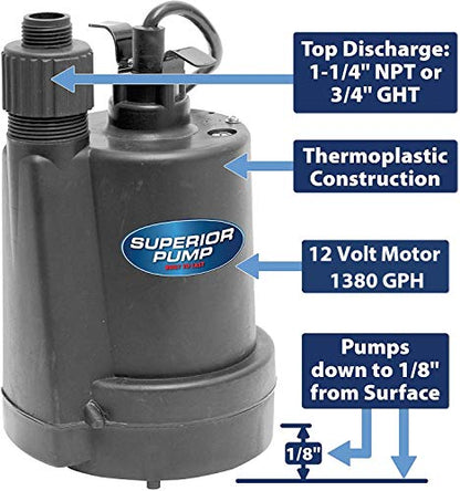 Superior Pump 91012 12 Volt Utility Pump with 20-Foot Cord, Black - size: 1380 GPH