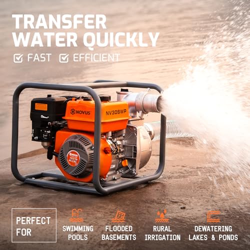 NOVUS Semi Trash Pump 3 Inch, 212cc 4 Cycle Engine, 238 GPM 100ft Lift 23ft Suction, Gas Powered Water Pump for Pond Pool Draining Gardening Irrigation, EPA Certified - size: 3" Semi Trash Pump