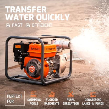 NOVUS Semi Trash Pump 3 Inch, 212cc 4 Cycle Engine, 238 GPM 100ft Lift 23ft Suction, Gas Powered Water Pump for Pond Pool Draining Gardening Irrigation, EPA Certified - size: 3" Semi Trash Pump