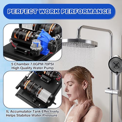 Water Pump and Accumulator Tank System,12V DC 7.0GPM 70PSI Quiet Water Pump and 1L 125PSI Pre-Pressurized Accumulator Tank for RV,Boat,Marine,Home Water System,Irrigating,Industrial Settings - size: 12V-7GPM-70PSI with tank