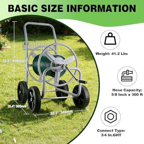 Hose Reel Cart, 250 FT of 5/8’’ Hose, Heavy-Duty Water Hose Cart with 4 Wheels, Storage Basket, Portable Water Hose Organizer for Outside Yard, Outdoor Planting Tool (Sliver) - size: 250FT