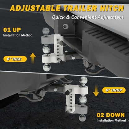Aluminum Adjustable Trailer Hitch for 2-Inch Receiver 6 Inch Drop/Rise Hitch Ball Mount with 2" and 2-5/16" Ball Hitches Heavy Duty 12,500 LBS GTW Towing Hitch - color: Silver-6Inch