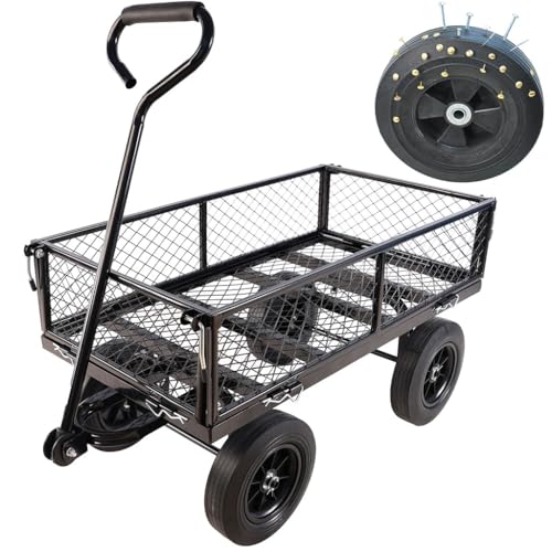 1000 lbs Heavy Duty Steel Garden Cart, 2-in-1 Convertible Utility Wagon with Removable Mesh Sides & Flatbed, 10" Solid No-Flat Tires, 180° Rotating T-Handle Yard Cart for Lawn, Farm, Warehouse,Black - color: Black