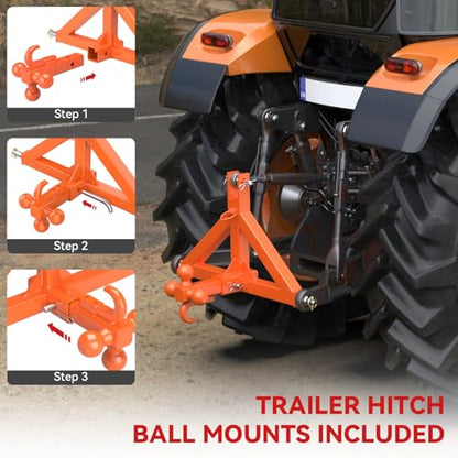 3 Point 2" Trailer Hitch Receiver and Towing Ball Hitch with Hook for Cat.1 - color: Orange