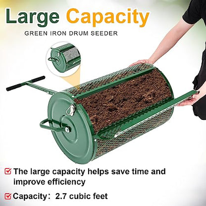 Hiboom 24 Inch Compost Spreader, Peat Moss Spreader, Manure Roller with Adjustable T Shaped Handle, Lightweight Metal Mesh for Lawn Garden Spreading Manure Topsoil (Green) - color: Green, size: 15.7 x 24 Inch