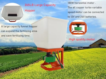 Tractor Fertilizer Spreader, 265LB ATV Broadcast Spreader Electric Fertilizer Spreader for Feed, Fertilizer, Seed