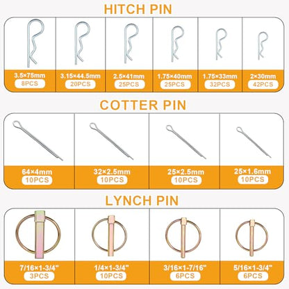 242 PCS Hitch Pins Assortment Kit – Heavy Duty R Clips, Cotter Pins, Lynch Pins & PTO Pins for Tractor, Trailer, Truck, Lawn Mowers, Farm Equipment, 3-Point Hitch Accessories
