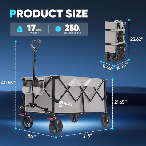 Sekey Collapsible Wagon, 300 lb Capacity, 29 in Cargo Bed, Compact Fold - color: Light Gray