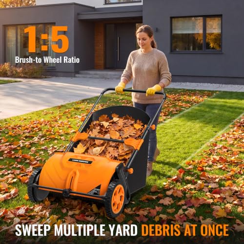 26 Inch Push Lawn Sweeper, 3.8 Cu. ft Grass Cutter, Hopper Bag