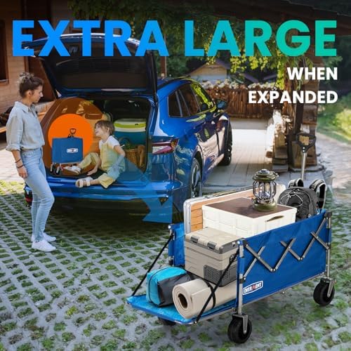 Overmont Folding Wagon with Tailgate, 300 lb Heavy Duty Collapsible Cart - color: Blue