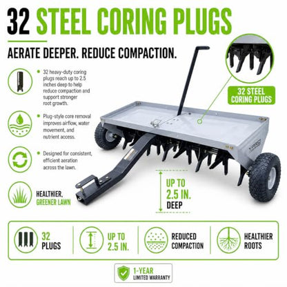 Yard Commander - 48-Inch Tow Behind Plug Aerator for Lawn Tractor & ATV, 32 Core Plug Tines, 2.5” Soil Penetration, Heavy Duty Steel Aerator, Weight Tray & 10” Pneumatic Tires for Lawn & Garden Care