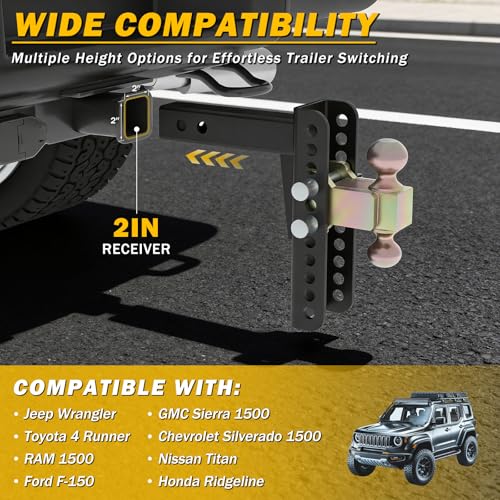 Adjustable Drawbar Trailer Hitch Fit for 2-Inch Receiver with 6" Drop/Rise and Carbon Steel 2" and 2-5/16" Ball Hitches Heavy Duty for Max Towing 20000 LBS - color: Gold&Black-6Inch