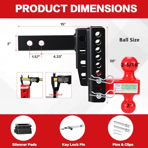 Zero-Noise Adjustable Trailer Hitch for 2 Inch Receiver - 8 Inch Drop/Rise - color: Red, size: 8 Inch Drop/Rise