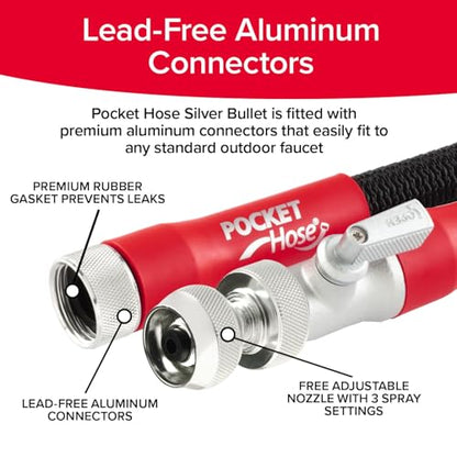 Pocket Hose 75 FT Silver Bullet 2.0 Expandable Garden Hose w/Turbo Shot Nozzle, AS SEEN ON TV, Lead-Free, Solid Aluminum Connectors, Easy On/Off Valve, Kink-Free, Leak-Proof (Pack of 2) - size: 75 FT (Pack of 2)