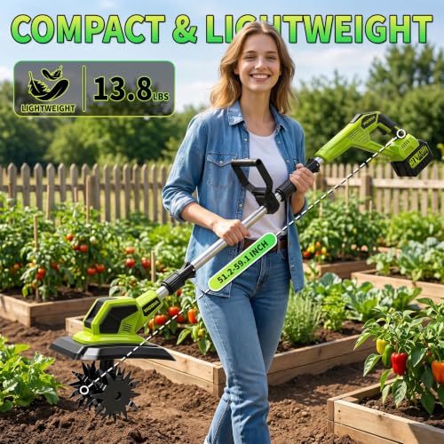 Cordless Tiller Cultivator, 400RPM Battery Powered Garden Cultivator