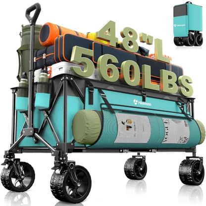 HIKEMOON 48'' Extra Large Collapsible Wagon, Big Wheels, 300L Turquoise - color: Turquoise