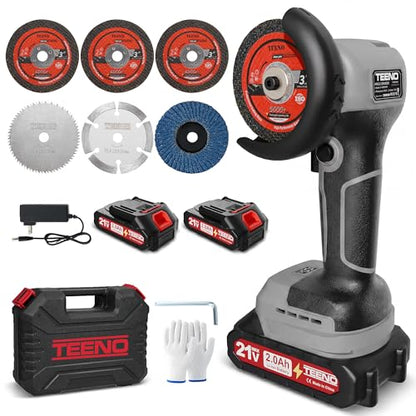 TEENO Cordless Angle Grinder 3", 21V Mini Cut-Off Tool, LCD Display, Gray - color: Grey