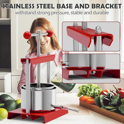 SQUEEZE master Cheese Tincture Herb Fruit Wine Manual Press -1.6Gallon/ 6 Litre-Power Ball Handle-Stainless Steel & Iron for Juice,Cider,Wine,Olive Oil - color: Red, size: 1.6Gallon
