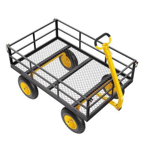 VEVOR 1200 Lbs Steel Garden Cart, Heavy Duty Pullable Garden Wagon Yard Cart, 2 in 1 Outdoor Metal Utility Wagon Yard Trailer with 13" All Terrain Tires, Mesh Removable Sides and 180°Rotating Handle - color: Black+yellow