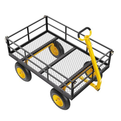 VEVOR 1200 Lbs Steel Garden Cart, Heavy Duty Pullable Garden Wagon Yard Cart, 2 in 1 Outdoor Metal Utility Wagon Yard Trailer with 13" All Terrain Tires, Mesh Removable Sides and 180°Rotating Handle - color: Black+yellow