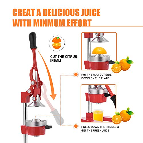 Commercial Heavy Duty Cast Iron Hand Press Manual Orange Citrus Lemon Lime Grapefruit Pomegranate Fruit Juice Squeezer Machine with Stainless Steel Cup Red - color: Red, size: 15 Inch