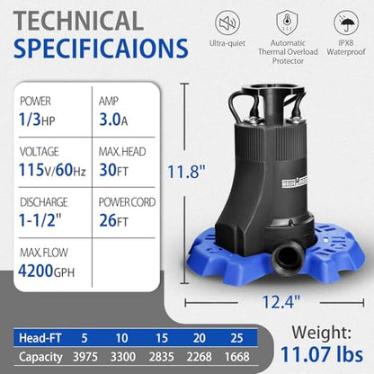 WASSERMANN Automatic Pool Cover Pump, 1/3 HP 4200GPH Submersible Pump Auto On/Off with Check Valve and 26FT Long Power Cord 115V Water Removal for Above Ground Pools, Hot Tubs, Spas