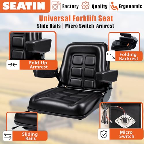 SEATIN Universal Forklift Seat with Adjustable Mounting Holes, Armrests & Micro Switch – Foldable Tractor Seat for Mowers,Skid Steer Loaders,Backhoe,Telehandler (with armrest)