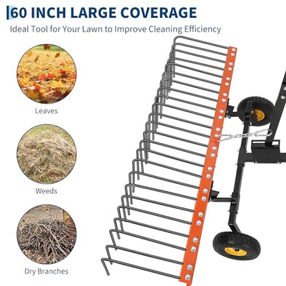 60 Inch Tow Behind Lawn Dethatcher, Tow Behind Steel Pine Straw Rake - color: Orange
