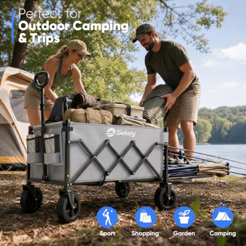 Sekey Collapsible Wagon Cart with Drop-Down Tailgate, 300 lb Capacity - color: Gray