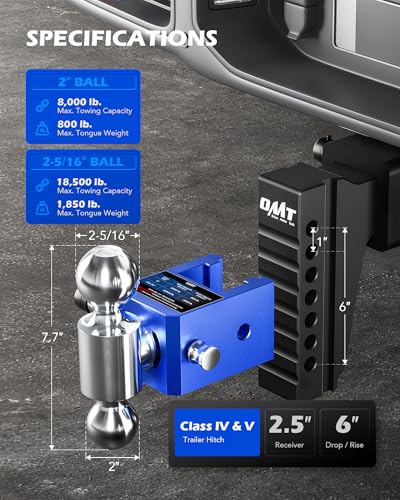 OMT Adjustable Trailer Hitch, 2.5" Receiver, 6" Drop/Rise 18500lb Towing - size: 2.5" Receiver 6" Drop & Rise