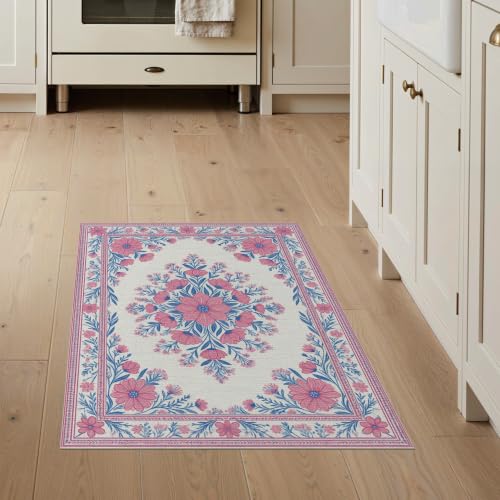 3'x5' Pink Toile Motif Way Flower Chinoiserie Washable Throw Rug - color: Pink/Pattern 17, size: 3' x 5' (Rectangular)
