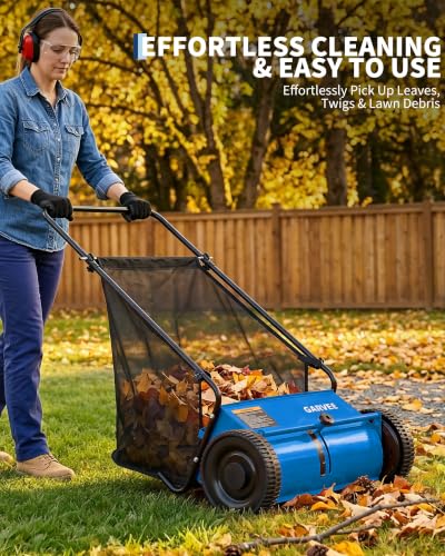 21" Push Lawn Sweeper with 6 Cu.Ft. Leaf & Grass Hopper Collector Bag - color: Blue, size: 21in