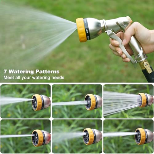 FANHAO Metal Garden Hose Nozzle Heavy Duty, 7 Adjustable Spray Patterns - color: Silver & Yellow, size: Multi-Pattern