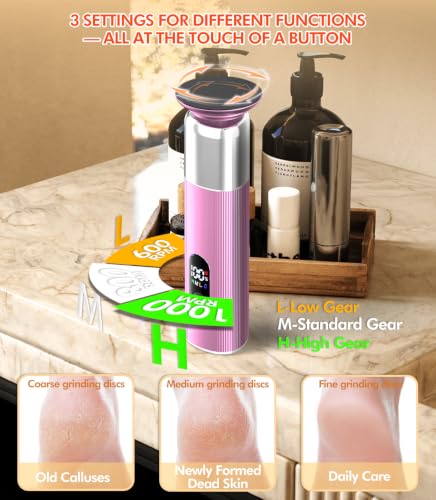 5-in-1 Electric Foot Callus Remover,Portable Callus Remover for Feet【Ergonomic Triangular Grip - 45% Less Slippage】【Optimal RPM Combination】 Display & LED Lights-Foot Callus Remover with 30 Grit Pads - color: Pink