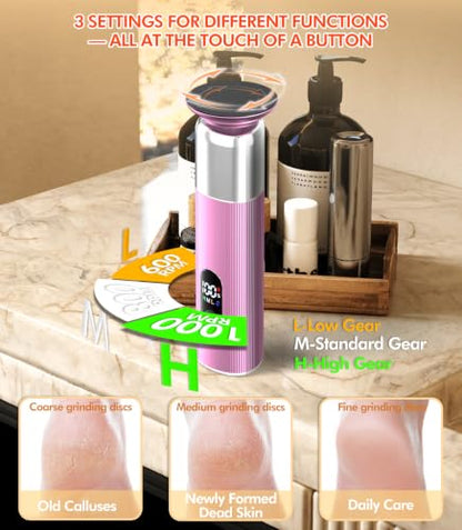 5-in-1 Electric Foot Callus Remover,Portable Callus Remover for Feet【Ergonomic Triangular Grip - 45% Less Slippage】【Optimal RPM Combination】 Display & LED Lights-Foot Callus Remover with 30 Grit Pads - color: Pink